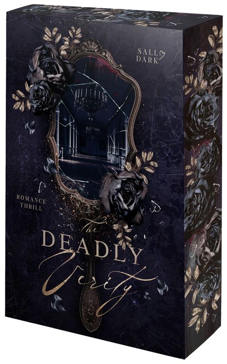 "Deadly Verity" in großer Schrift, "Romance Thrill" und "Sall Dark". Dunkles, luxuriöses Design mit Blumen und Spiegel.