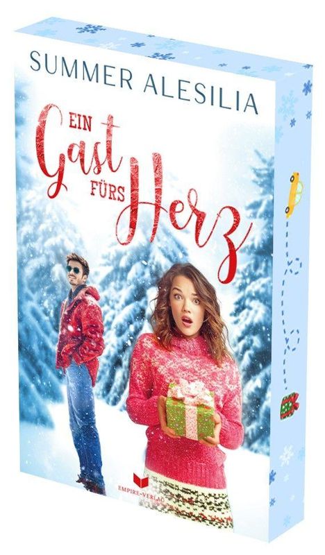 SUMMER ALESILIA, EIN GAST FÜRS HERZ. Eine Illustration mit einem Mann im roten Mantel und einer Frau mit Geschenk im Schnee.