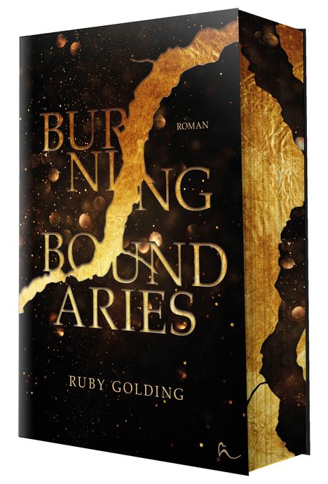 "Burning Boundaries: Roman" von Ruby Golding. Goldene Schrift vor dunklem Hintergrund mit flammenartigen Mustern.