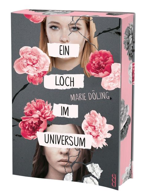 "Ein Loch im Universum" von Marie Döling, dunkles Design mit zwei Gesichtern und rosa Blumen.
