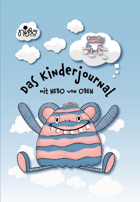 "Das Kinderjournal mit Nebo von Oben". Illustration von buntem, streifigem Monster auf Wolken.