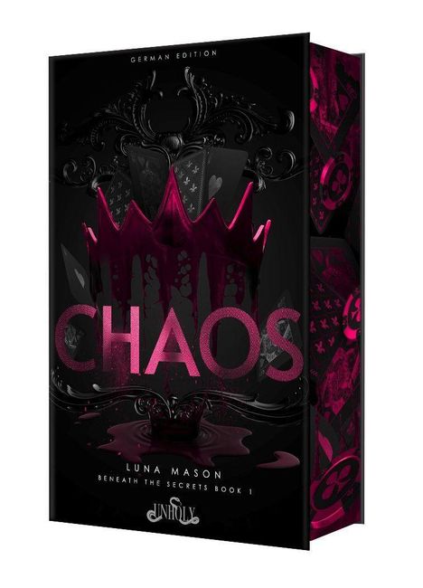 "CHAOS" steht in großen, pinken Buchstaben über einer dunklen, tropfenden Krone. Verspieltes, dunkles Design.