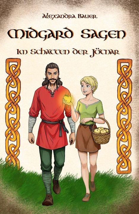 "Midgard Sagen: Im Schatten der Jötnar" steht oben. Zwei Figuren: Ein Mann mit leuchtender Sphäre, eine Frau mit Korb.