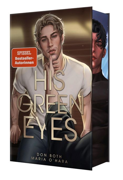 „His Green Eyes“ steht in großen Buchstaben. Ein Mann in Weißem T-Shirt, grünen Augen, Kinn von Hand gestützt.