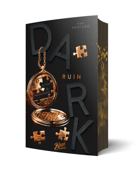 Text: "Dark Ruin", "Ava Ashford", "Ketten des Wahnsinns", "Black Edition". Puzzle-Thema mit goldenen Puzzlestücken und einer Uhr.