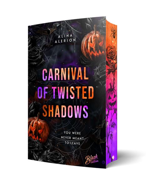 "Carnival of Twisted Shadows", Titel eines Buches. Halloween-Thema mit Kürbissen, Fledermäusen, Spinnweben, schwarzen Rosen.
