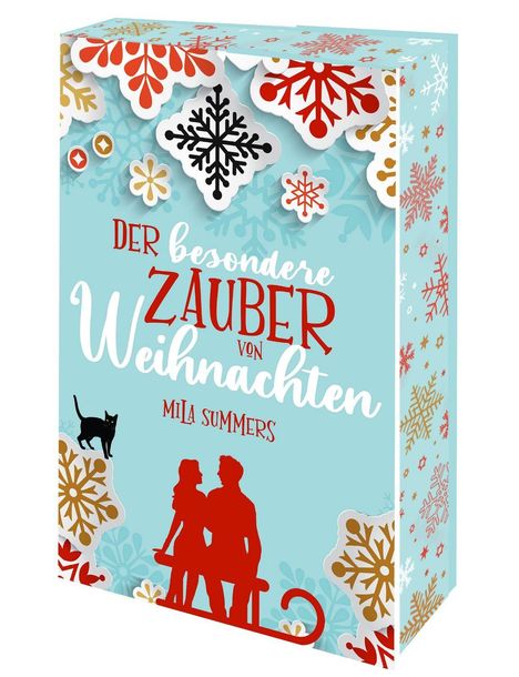 Text: "Der besondere Zauber von Weihnachten, Mila Summers." Illustration mit Schneeflocken, Katze und Personen auf einem Schlitten.