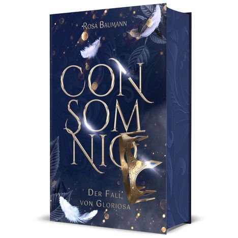 Buch mit Titel "Consomnio: Der Fall von Gloriosa", verziert mit Federn und einem goldenen, mystischen Element.