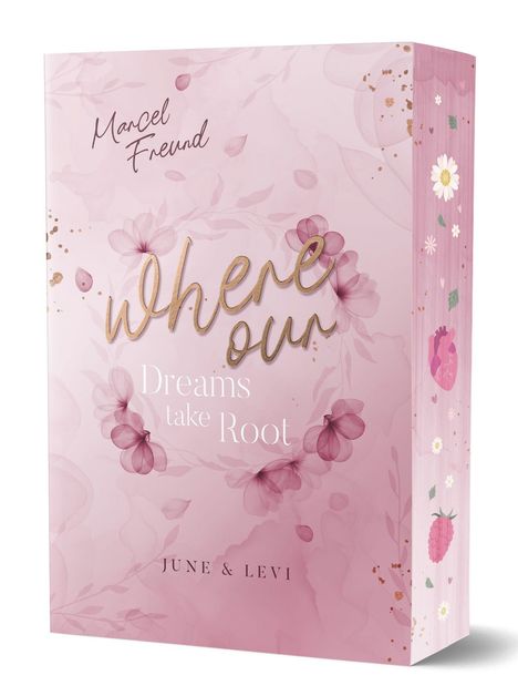 "Marcel Freund", "Where our Dreams take Root", JUNE & LEVI. Rosa Hintergrund, blumige Motive und Muster zieren die Box.