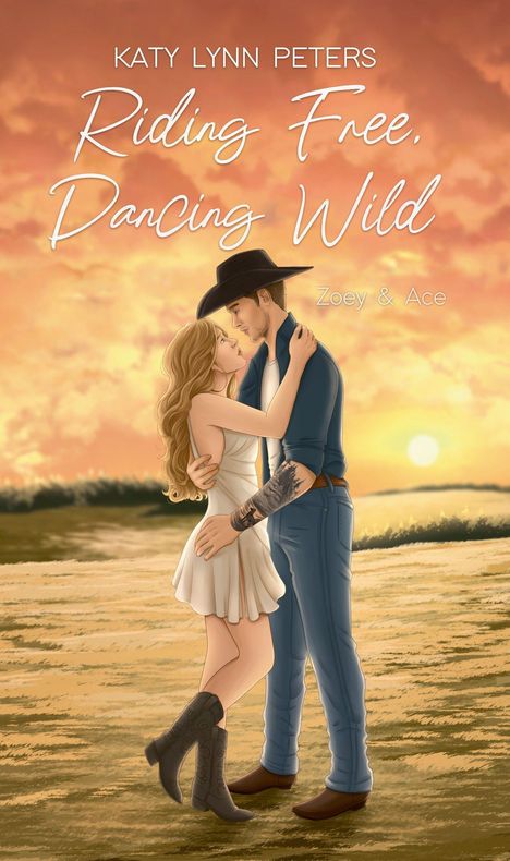 "Riding Free, Dancing Wild" von Katy Lynn Peters. Illustration zweier Menschen in Umarmung vor Sonnenuntergang.