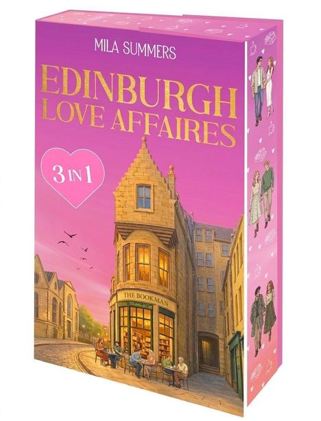 "Mila Summers, Edinburgh Love Affaires, 3 in 1"; Illustration von einem gemütlichen Café in einer belebten Gasse.