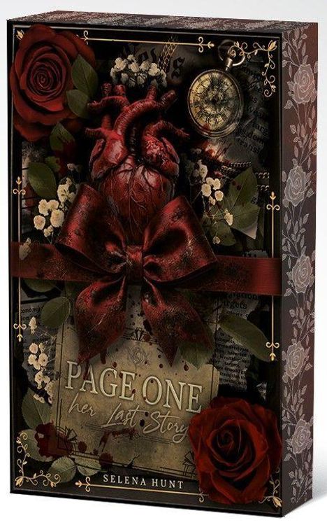 Text: „Page One: her last story" und „Selena Hunt“. Rotes Herz, Rosen, Uhr, Schleife und Blätter; dunkles, dekoratives Design.