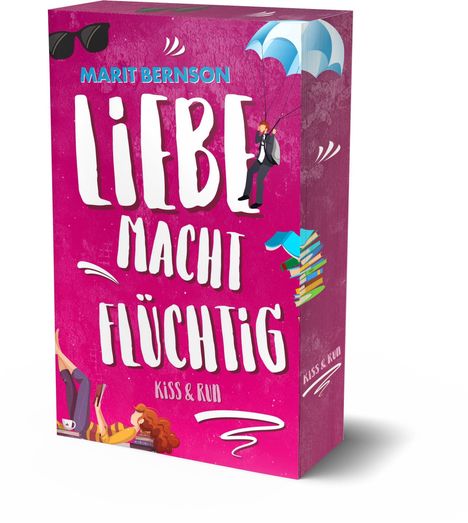 Text: "Liebe macht flüchtig" und "Kiss & Run" von Marit Bernson. Illustration: Frau liest, Mann mit Fallschirm, Bücherstapel.
