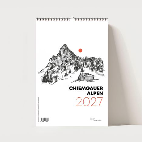 „CHIEMGAUER ALPEN 2027“; Illustration: Berge, Hütte, roter Kreis als Sonne, minimalistischer Stil.