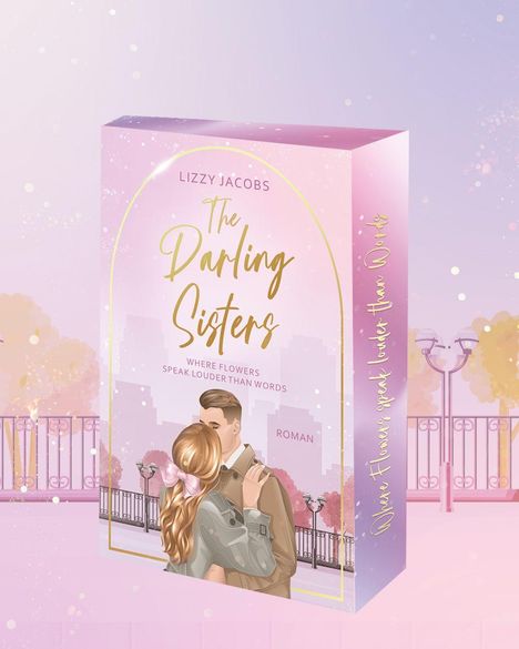 "THE DARLING SISTERS, Where flowers speak louder than words. Illustration eines Paares, das sich umarmt, in Pastellfarben."