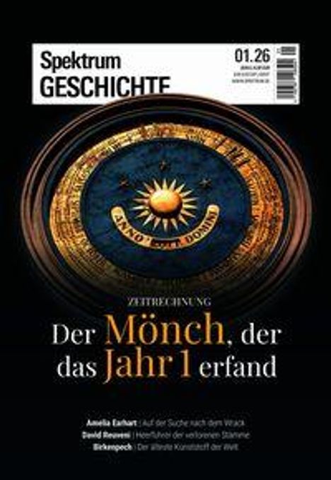 Titel: "Der Mönch, der das Jahr 1 erfand". Rundes Zifferblatt mit lateinischer Inschrift, schwarzer Hintergrund.