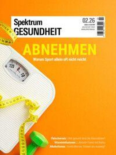 Spektrum Gesundheit, 02.26, ABNEHMEN. Waage, Maßband, Hantel auf orangem Hintergrund.