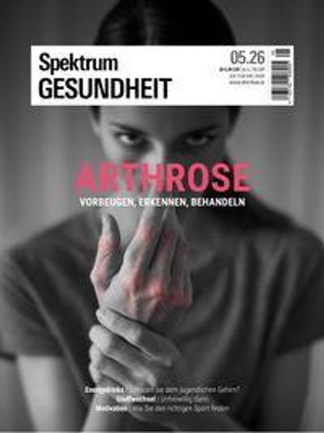 „ARTHROSE: Vorbeugen, Erkennen, Behandeln“. Oberkörper einer Person mit besorgtem Blick, die eine Hand umfasst.