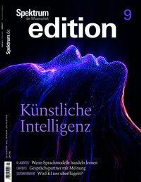 Spektrum edition 9. Künstliche Intelligenz. Illustration eines stilisierten menschlichen Kopfes in neonblau.