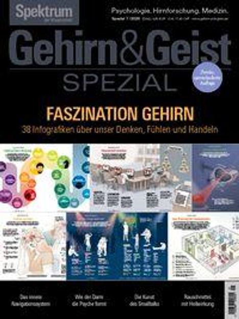 Spektrum, Gehirn&Geist, SPEZIAL, FASZINATION GEHIRN. 38 Infografiken. Titelbilder von Infografiken zum Gehirn.