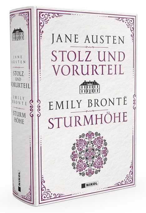 Buchcover mit Büchertiteln: "Stolz und Vorurteil" von Jane Austen, "Sturmhöhe" von Emily Brontë. Verzierungen in Lila.
