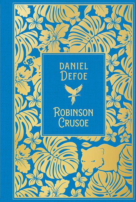 "DANIEL DEFOE ROBINSON CRUSOE" in Gold auf Blau. Tropische Blätter, Affe und Papagei verzieren den Hintergrund.