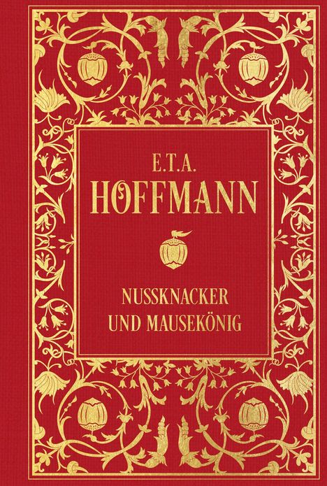 "E.T.A. Hoffmann, Nussknacker und Mausekönig". Goldene Ornamente auf rotem Hintergrund, florale Muster.