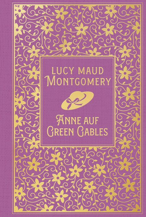 "Lucy Maud Montgomery - Anne auf Green Gables." Lila Hintergrund mit goldenen floralen Mustern und einem Hut.