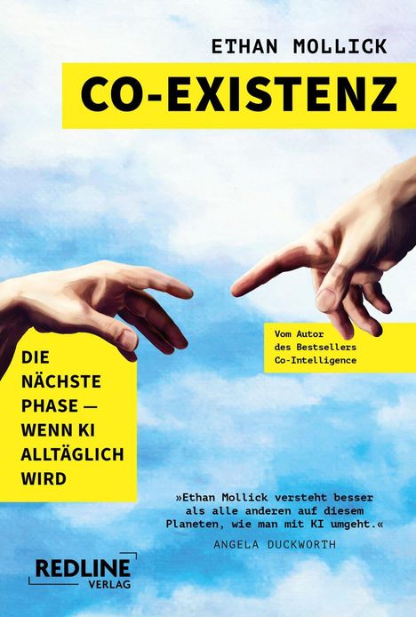 "CO-EXISTENZ" und "Ethan Mollick" in kräftigen Buchstaben. Zwei sich fast berührende Hände vor blauem Himmel, inspiriert von Michelangelo.