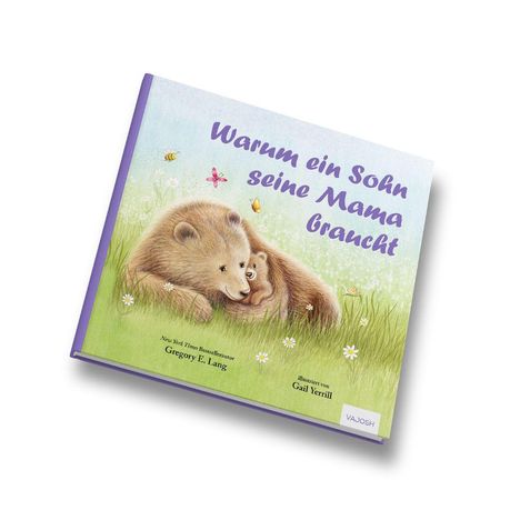 "Warum ein Sohn seine Mama braucht" in lila Schrift. Illustration von einem großen und einem kleinen Bären auf einer Wiese.