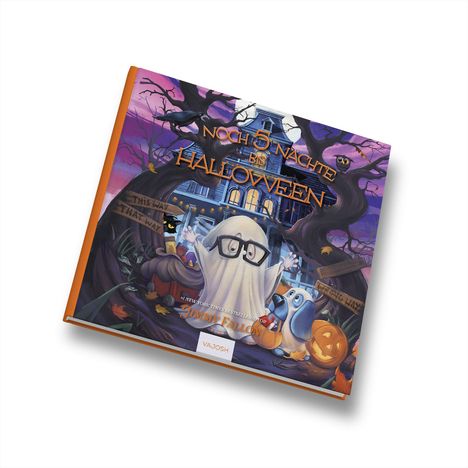 „Noch 5 Nächte bis Halloween“ in orange leuchtenden Buchstaben, darunter eine Illustration mit einem Geist mit Brille.