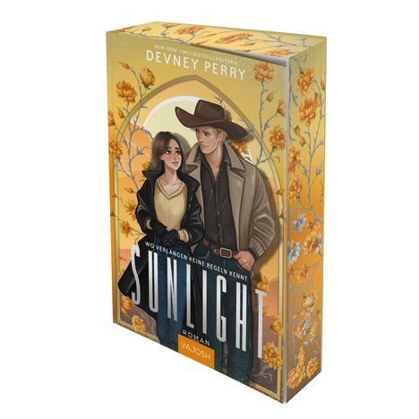 „Devney Perry“, „Wo Verlangen keine Regeln kennt“, „Sunlight“, „Roman“, „Vajosh“. Illustration: Paar vor gelbem Floralmuster.