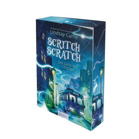 Text: "SCRITCH SCRATCH: Der Geist von Chicago." Illustration: Ein Bus fährt durch eine neblige, beleuchtete Stadt.