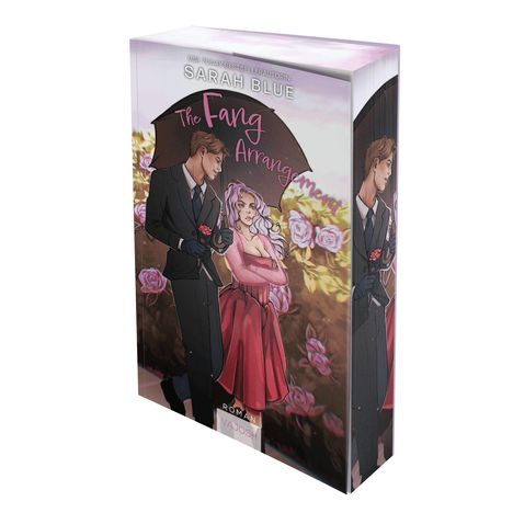 "The Fang Arrangement" von Sarah Blue. Illustration: Ein Mann und eine Frau stehen unter einem Regenschirm in einem Rosengarten.