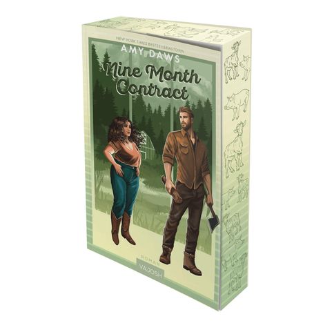 Texte: "Nine Month Contract" von Amy Daws. Illustration von zwei Personen im Wald; ländlicher Stil mit Axt und Stall.