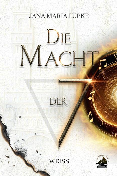 "Die Macht der 7" von Jana Maria Lüpke. Eine Illustration mit feurigen und musikalischen Elementen.