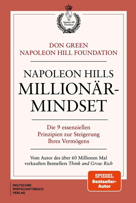 "Napoleon Hills Millionär-Mindset" steht im Zentrum. Ein roter Rahmen umgibt den weißen Hintergrund. Links unten Verlag.