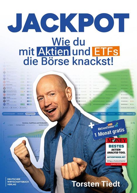 Titel: "JACKPOT - Wie du mit Aktien und ETFs die Börse knackst!" Ein Mann jubelt mit erhobenen Fäusten.