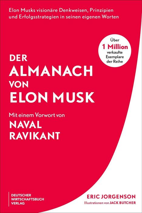 Roter Hintergrund, großer Schriftzug: "DER ALMANACH VON ELON MUSK". Kleine Texte preisen über 1 Million verkaufte Exemplare.