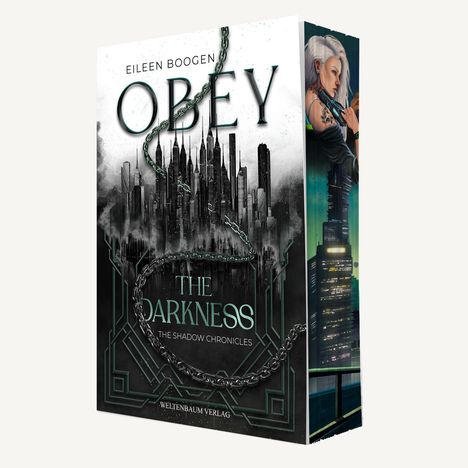„Eileen Boogen: OBEY THE DARKNESS, THE SHADOW CHRONICLES, Weltenbaum Verlag.“ Illustration einer düsteren Stadt.