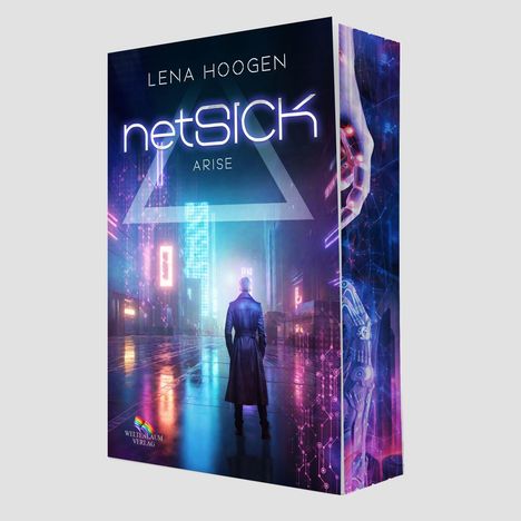 Text: "LENA HOOGEN netSICK ARISE". Eine futuristische Szene mit einem Mann im Mantel und neonbeleuchteten Gebäuden.