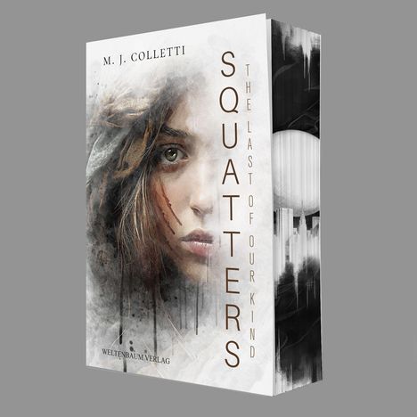 Buchtitel: "SQUATTERS: THE LAST OF OUR KIND" von M. J. Colletti. Verwendet ein mystisches Gesicht mit Kapuze.