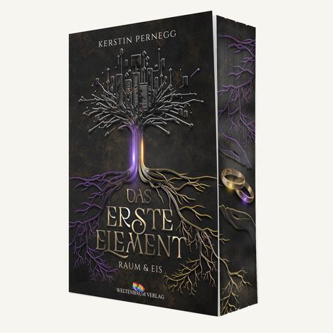 Kerstin Pernegg, Das erste Element, Raum & Eis. Ein verzweigter Baum, dessen Zweige in eine Stadt übergehen. Zwei Ringe.