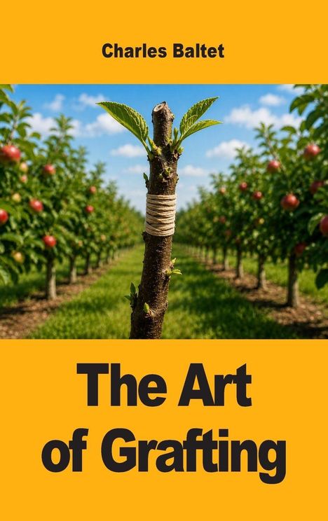 Text: "Charles Baltet", "The Art of Grafting". Ein junger Baum mit Pfropfung, von Apfelbäumen flankiert, blauer Himmel.