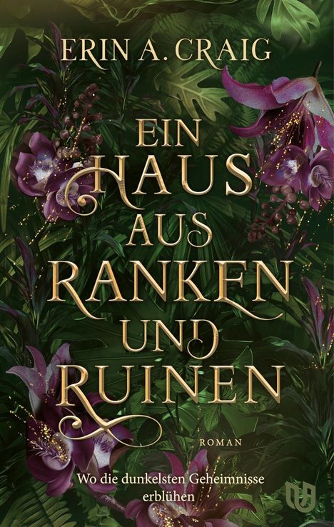 Text: "Erin A. Craig, Ein Haus aus Ranken und Ruinen, Roman, Wo die dunkelsten Geheimnisse erblühen." 

Illustration: Dunkles Grün mit lila Blumen.