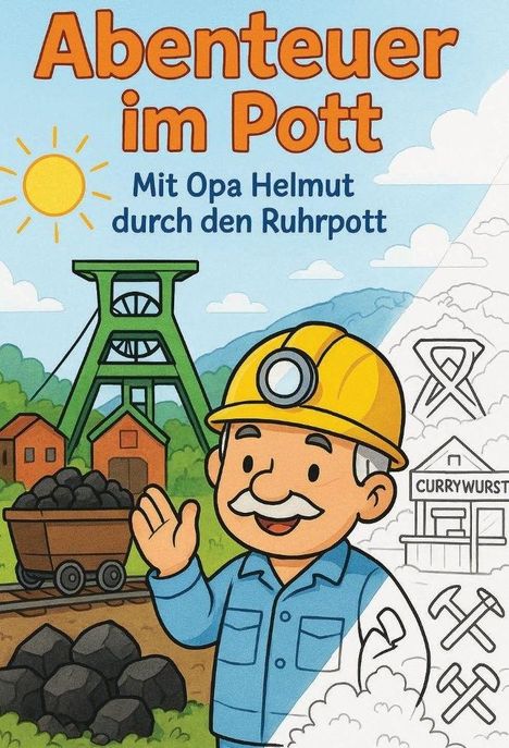 „Abenteuer im Pott. Mit Opa Helmut durch den Ruhrpott.“ Cartoon: fröhlicher Mann mit Helm in Bergbaukulisse.