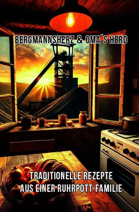 "Bergmannsherz & Oma's Herd. Traditionelle Rezepte aus einer Ruhrpott-Familie." Eine gemütliche Küche bei Sonnenuntergang.