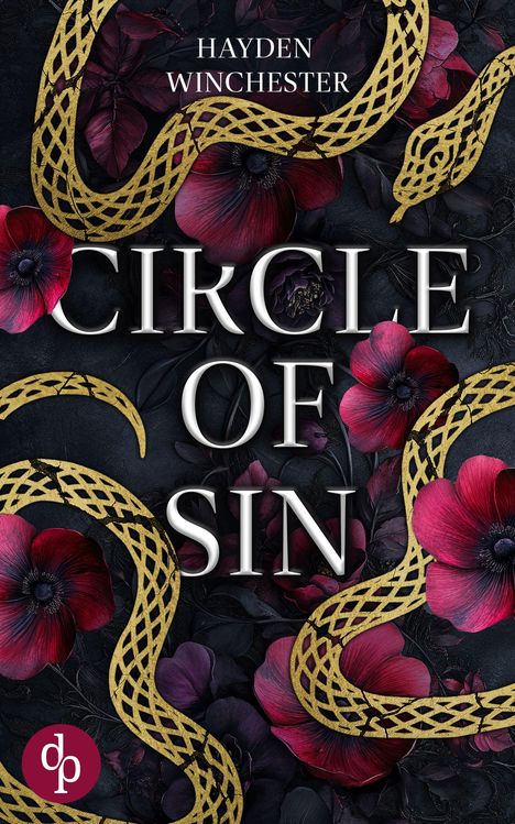 „Circle of Sin“, Hayden Winchester. Dunkle Blumen und goldene, schlangenartige Muster auf schwarzem Hintergrund.