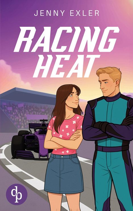 "RACING HEAT" und "JENNY EXLER" oben. Illustration: Frau und Mann vor Rennwagen stehen am Straßenrand.