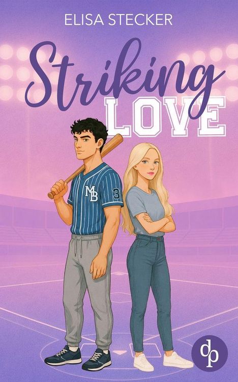 Oben: "ELISA STECKER". Groß: "Striking LOVE". Illustration: Ein Mann mit Baseballschläger, Frau daneben, Baseballfeld-Hintergrund.